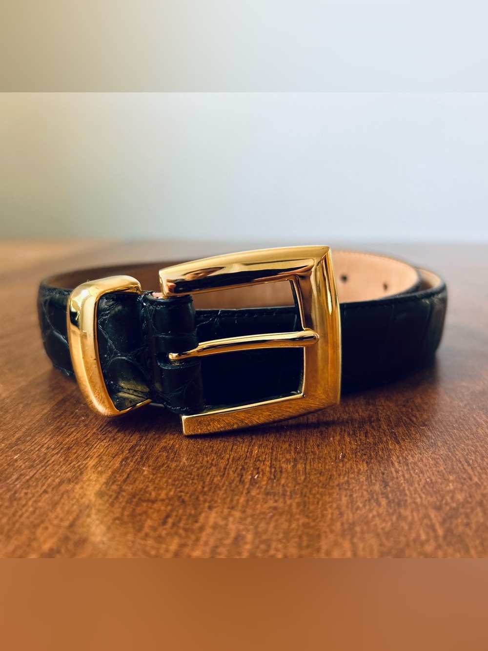 WCM New York Genuine Italian Calfskin Belt Black Leather Gold Buckle Size S